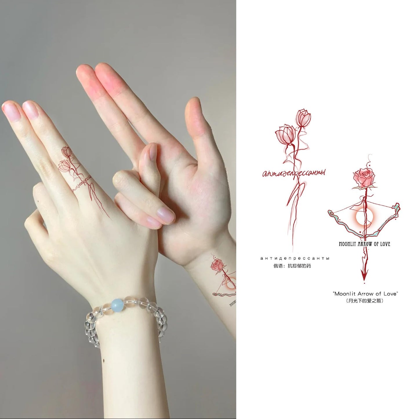 S.A.V.I Red Rose Arrow Fine-Line Temporary Tattoo Sticker, Waterproof Minimalist Floral Body Art Decal for Finger Hand Arm Wrist, Safe Non-Toxic Skin-Friendly, Easy Apply & Remove (1 Pc) (57)