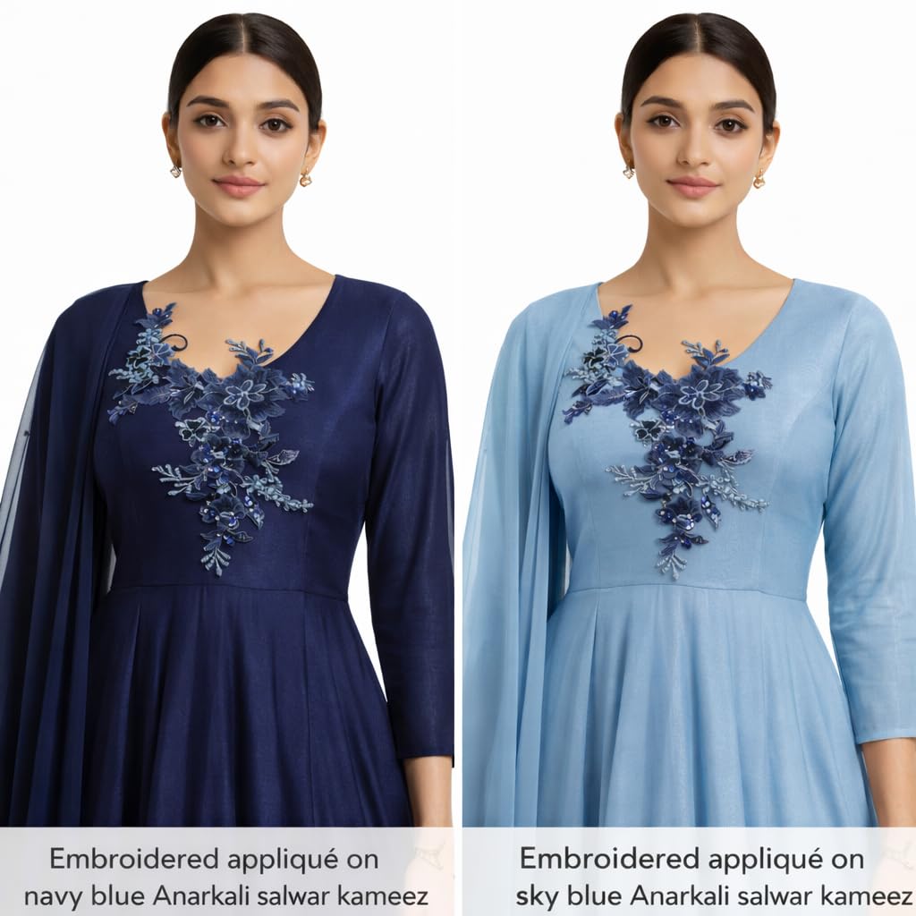 S.A.V.I Navy Blue Floral Sew-On Appliqué Patch 25 x 29 cm | Sequin & Thread Work Net Mesh | Designer Neckline Motif for Anarkali, Kurti, Gown & Dresses (Navy Blue)