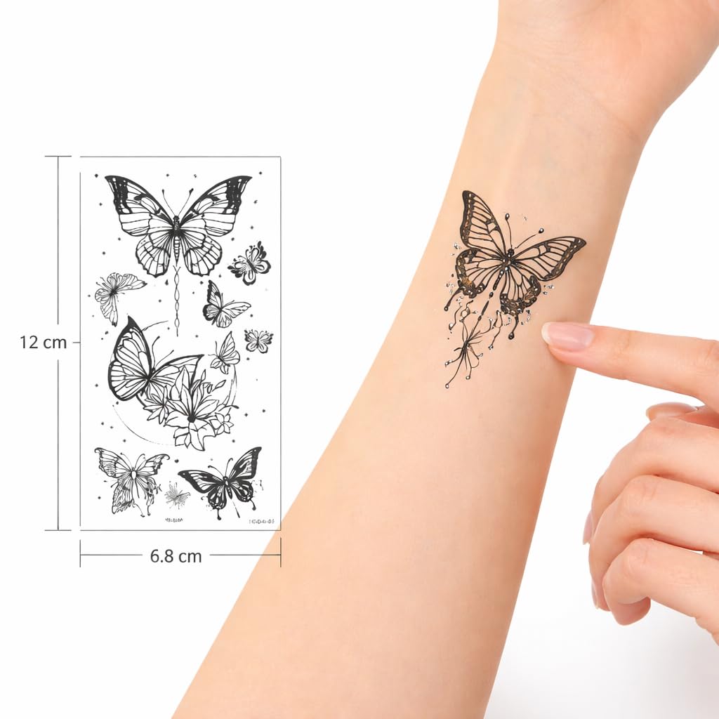 S.A.V.I Black Butterfly Temporary Tattoo Stickers for Women & Girls – 10 Sheets (12x6.8 cm) Floral Flying Design, Waterproof, Non-Toxic Safe Body Art for Hand, Arm, Shoulder & Ankle – Realistic Fine Line (#324)