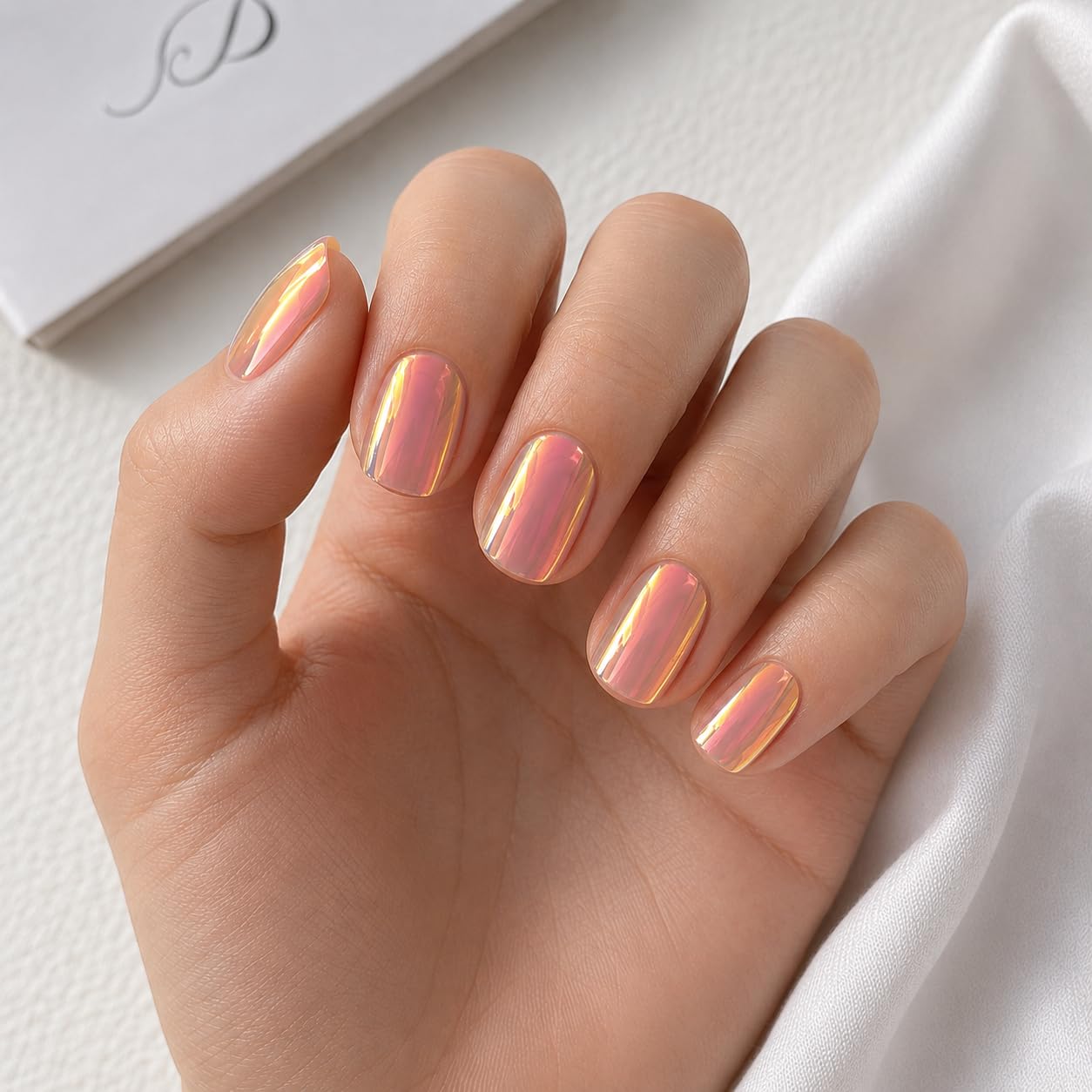 S.A.V.I Press on Nails 24 Pcs Short Aurora Mirror Finish | Reusable Adhesive Manicure Kit with Glue, Glossy Chrome Finish, Natural Fit for Women & Girls
