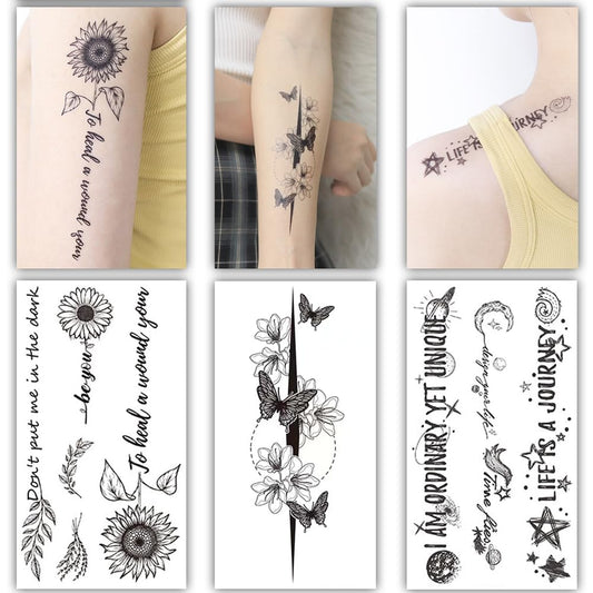 S.A.V.I 3 Pcs Black Floral Temporary Tattoo Stickers for Women & Girls – 16x9 cm Safe Non-Toxic Body Art – Waterproof Butterfly, Sunflower, Quotes Design for Arm, Back & Shoulder (11)