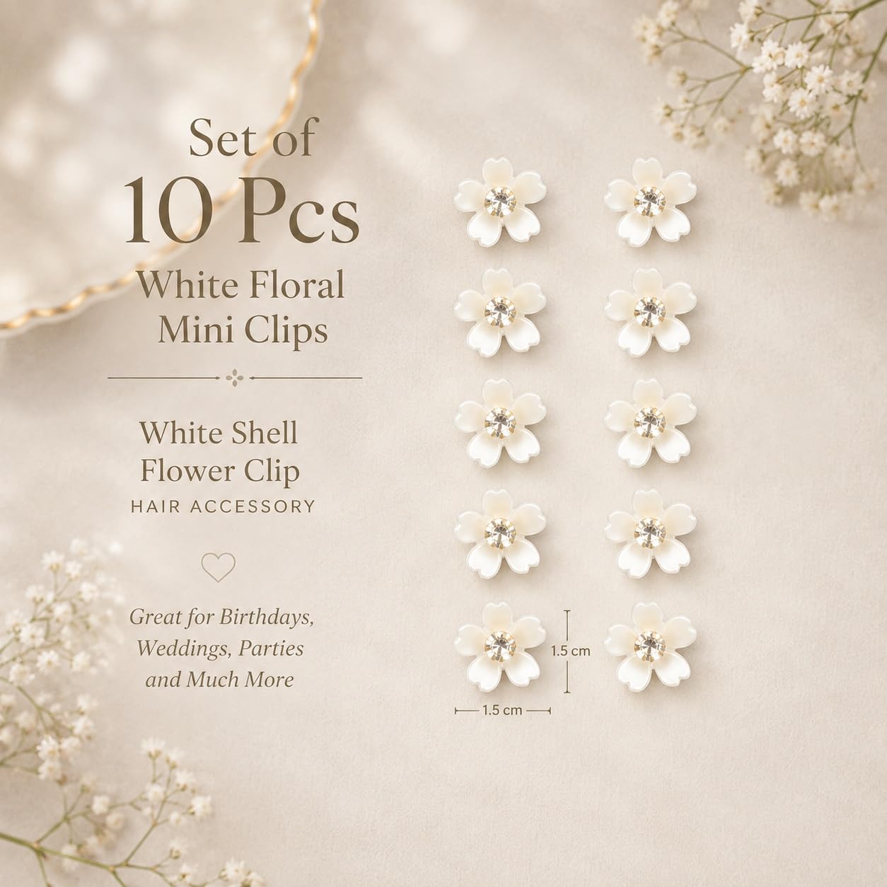 S.A.V.I White Floral Hair Clips with Crystal Center, 1.5 cm Daisy | Set of 10, Bridal Hair Pins, Shell Finish, Wedding & Party, Girls & Women