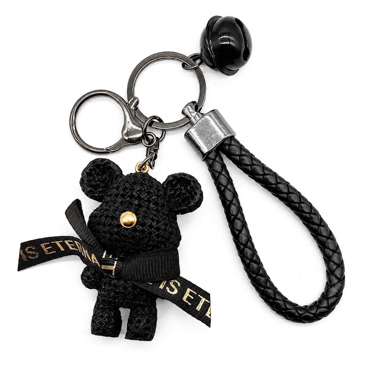 S.A.V.I Teddy Bear Keychain Black Bag Charm for Women & Girls | Braided Wrist Strap, Resin Figurine, Bell Pendant, 7 x 3.5 cm Size, 9.5 cm Loop