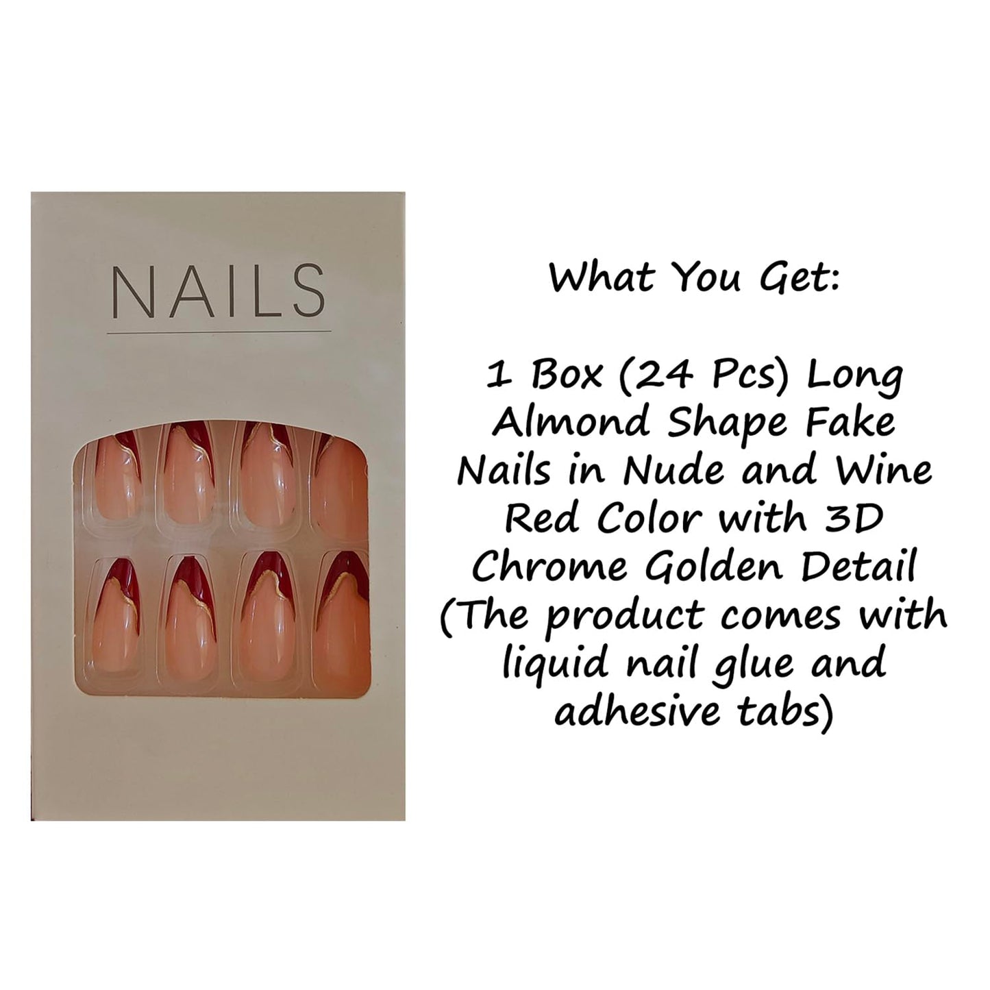 S.A.V.I 24 Pcs Reusable Press On Nails for Women, Long Almond Nude Pink with Wine Red Tips, 3D Gold Chrome Design, Glossy Acrylic False Nails Set, with Nail Glue & Adhesive Tabs