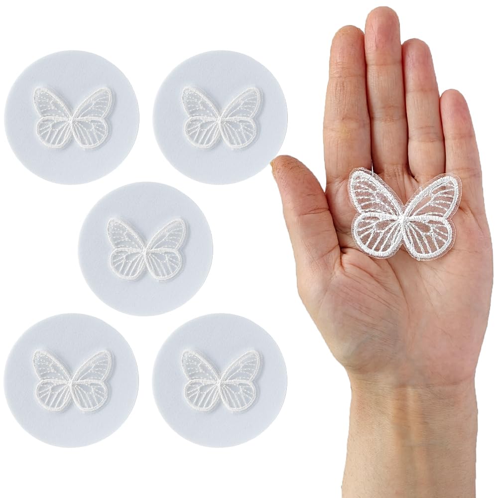 S.A.V.I 5PCS. Embroidered Butterfly Appliqué Patches - Delicate Organza White Lace Design | Easy Sew-On for Craft Projects, Clothing, Accessories | Ideal for DIY Decor (1.8x1.4 inches)