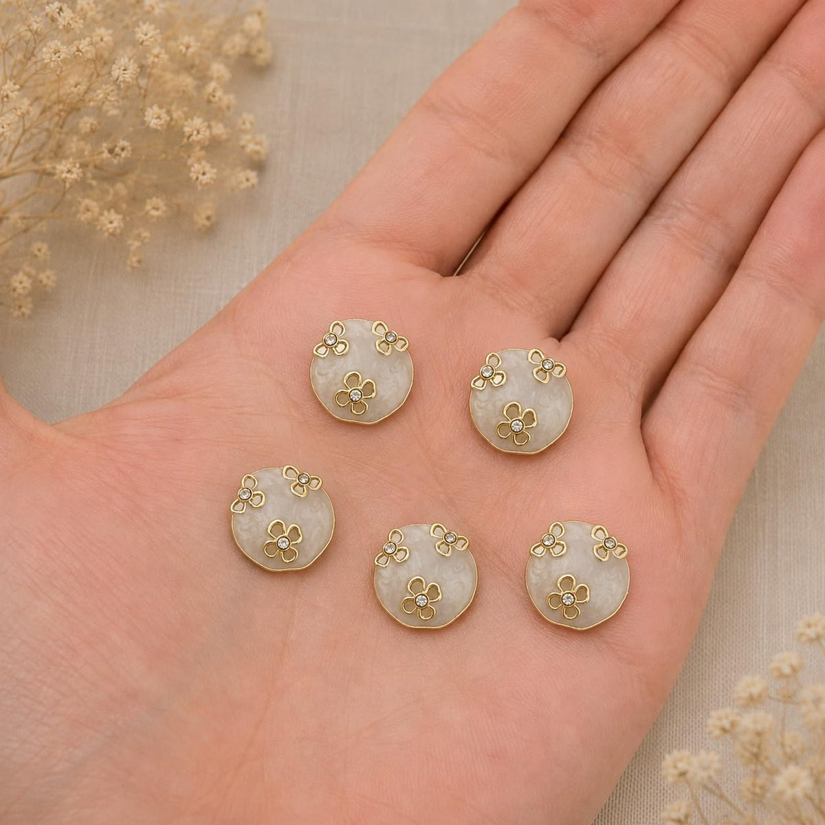 S.A.V.I Pearl Buttons for Kurti & Blouse, Ivory Gold Floral Crystal, 17.5mm | Set of 5, Shank Design, Ethnic Wear, DIY Crafts, Sewing Embellishments