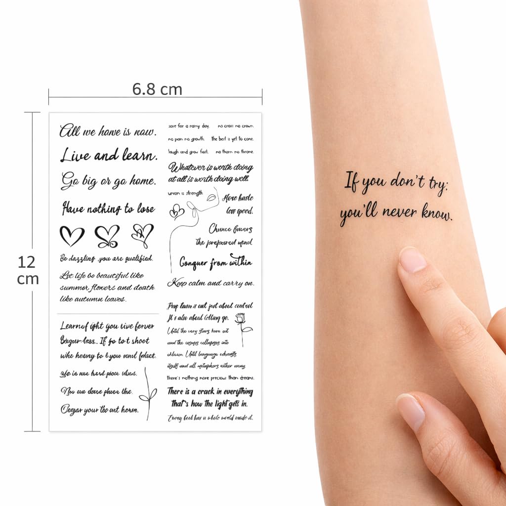 S.A.V.I 10 Sheets Black Inspirational Quote Temporary Tattoos for Women & Girls, Waterproof Long Lasting Non-Toxic Safe Sticker, Script Rectangle 12x6.8 cm for Hand Wrist Arm (#327)