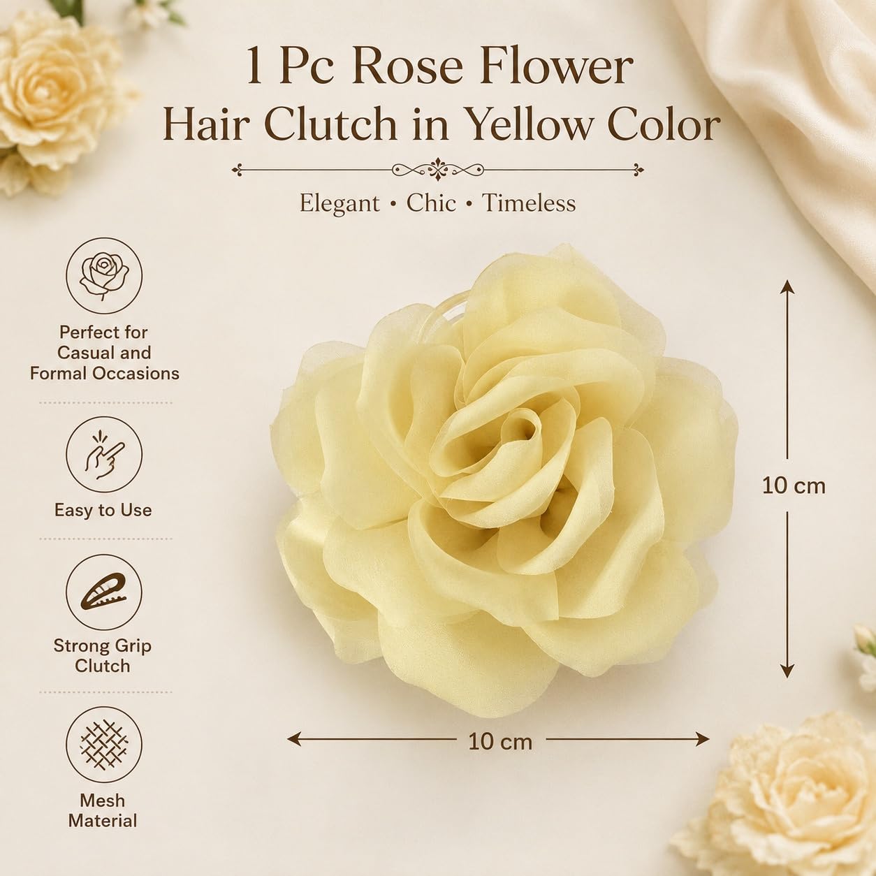 S.A.V.I Rose Flower Hair Clutch Clip for Women Yellow Mesh 10cm | Strong Grip, Lightweight, Soft Fabric, Large Size, 1 Piece