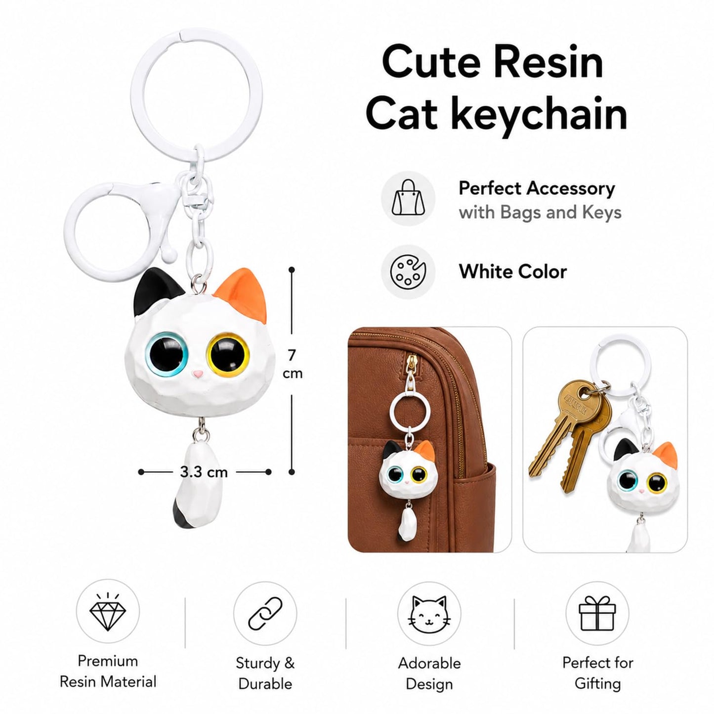 S.A.V.I Cute Cat Keychain Resin Kawaii Key Ring Charm for Bags & Keys, White Finish, 7 x 3.3 cm Pendant, Durable Handcrafted Accessory, Lightweight Gift for Women, Girls, Backpack & Purse Decor