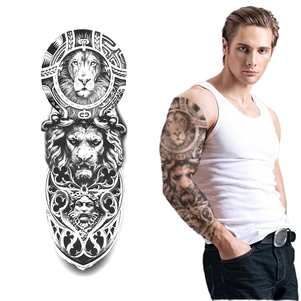 S.A.V.I Full Arm Tattoo, Lion Statue Art Temporary Tattoo Sticker, Size 48x17CM