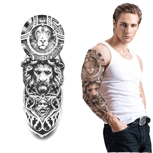 S.A.V.I Full Arm Tattoo, Lion Statue Art Temporary Tattoo Sticker, Size 48x17CM