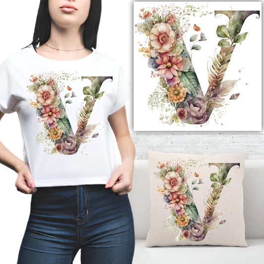 S.A.V.I 1PC Floral Alphabet Iron-On Patch – Washable Heat Transfer Sticker for DIY T-Shirts, Jeans, Pillows, Backpacks, Hats – Easy Applique with Beautiful Flower Design – Clothing  Accessories Patch (V)