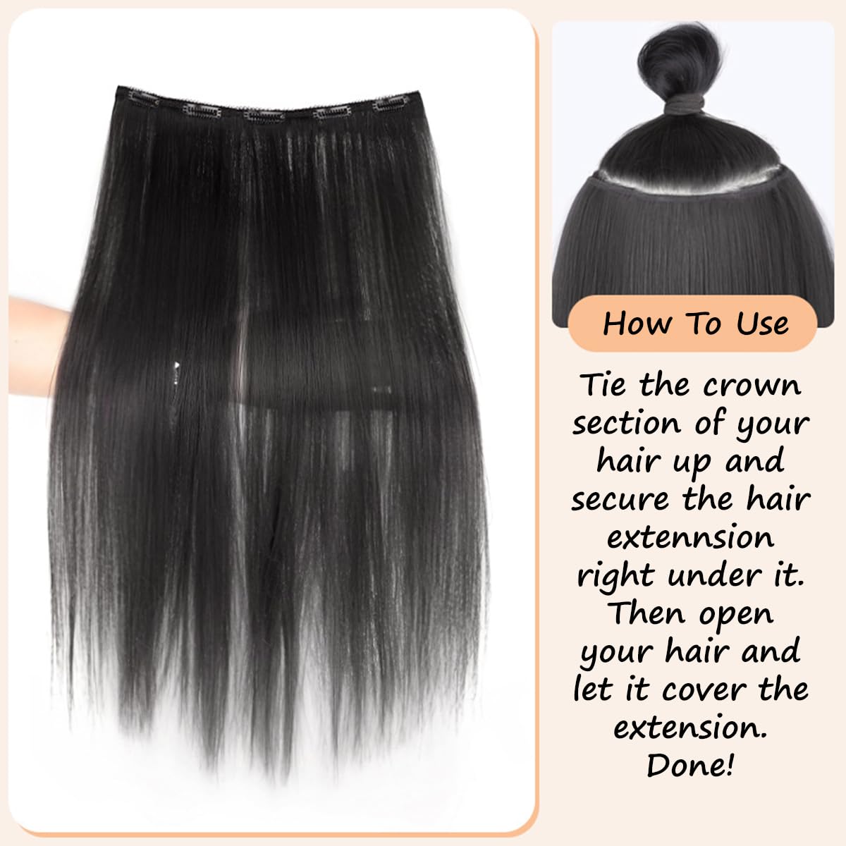S.A.V.I Natural Black Clip-In Hair Extension 60 cm Straight Long Hair Patch for Women | One Piece 4 Clip Volumizer | Soft Synthetic Fiber | Seamless Thick Natural Look | 27 cm Wide