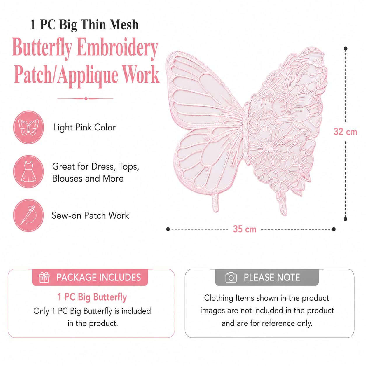 S.A.V.I Butterfly Floral Embroidery Sew-On Patch Pink Mesh 35x32cm|Floral Lace Motif for Dresses, Blouses & Gowns, Premium Fabric, DIY Clothing Repair & Customization, Women Craft Accessory