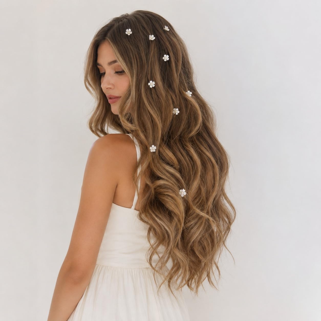 S.A.V.I White Floral Hair Clips with Crystal Center, 1.5 cm Daisy | Set of 10, Bridal Hair Pins, Shell Finish, Wedding & Party, Girls & Women
