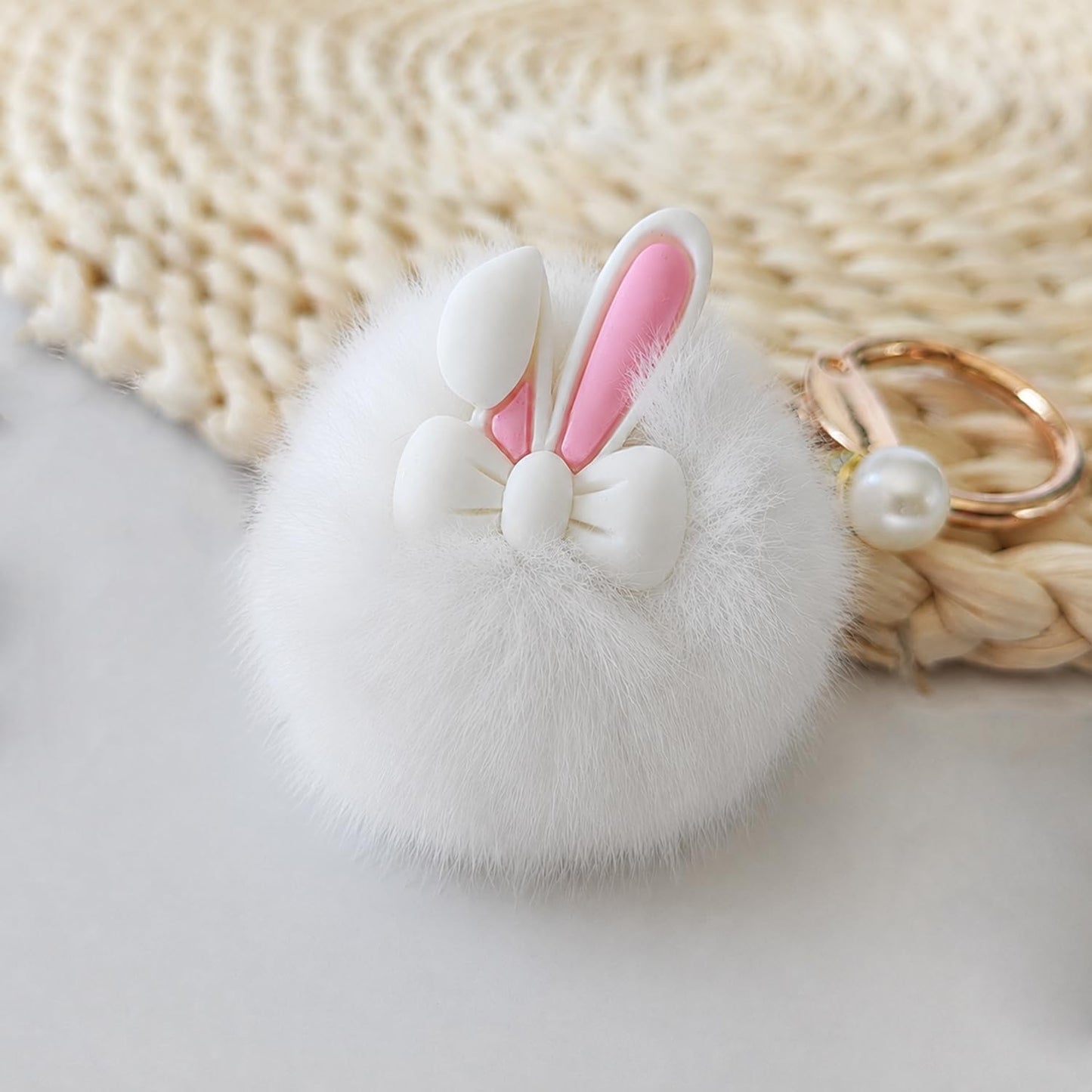 S.A.V.I Bunny Pom Pom Keychain for Women & Girls, Faux Fur Bag Charm, White, Soft Plush Finish, 13 cm Cute Rabbit Pendant with Pearl Accent, Gold-Tone Clasp for Handbags, Backpacks, Keys & Gifts