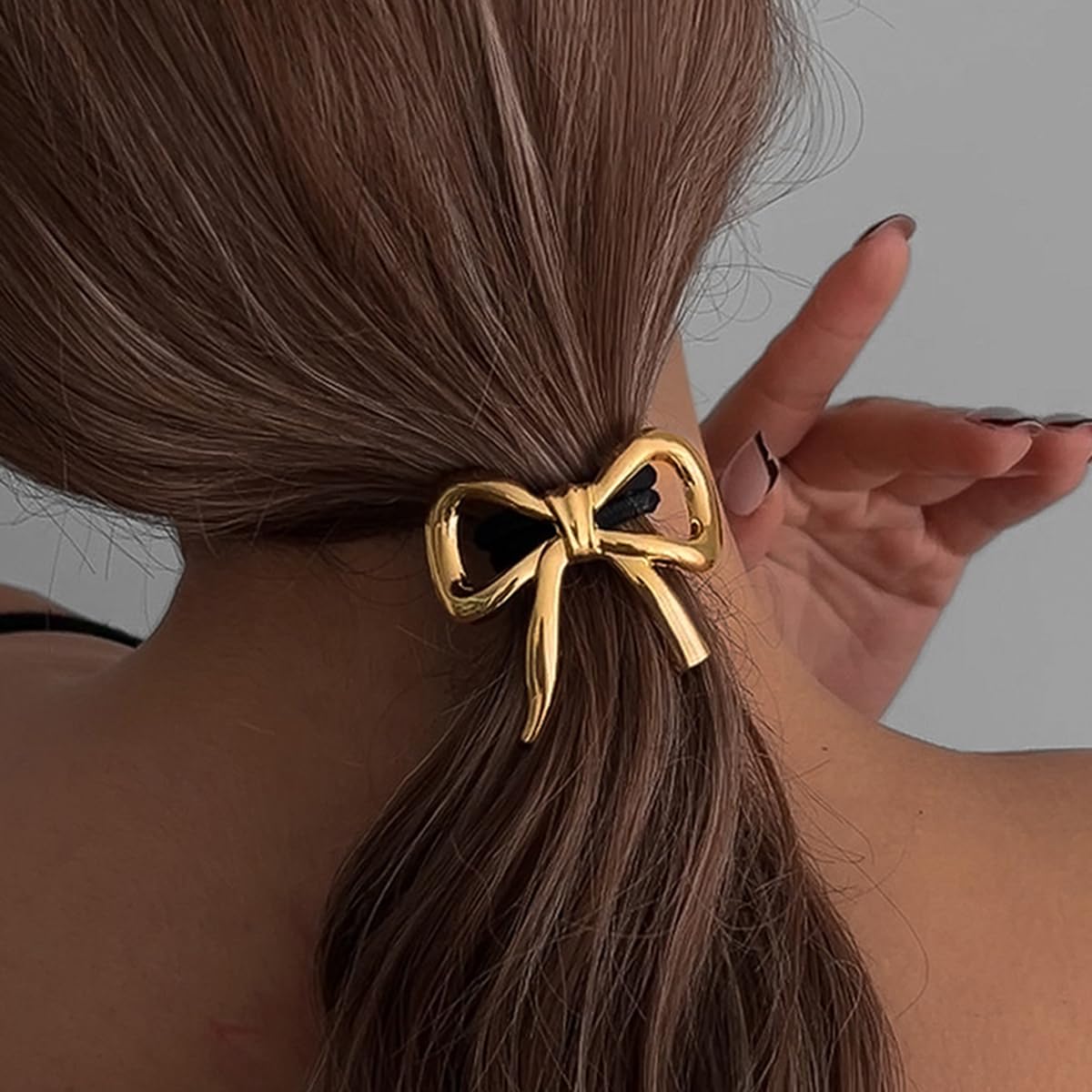 S.A.V.I 2pcs Elastic Hair Ties with Big Alloy Metal Bow | Stylish Gold & Silver Hair Accessories for Women & Girls | Durable Black Ponytail Holders | Cute Rubber Bands Size 4.5 x 4.6 cm