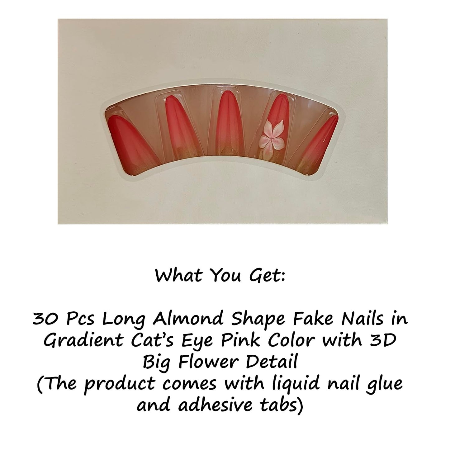 S.A.V.I 30 Pcs Long Almond Press On Nails, Pink Gradient Cat Eye Glossy Finish, 3D Floral Acrylic False Nails, Reusable Artificial Nails with Glue & Adhesive Tabs
