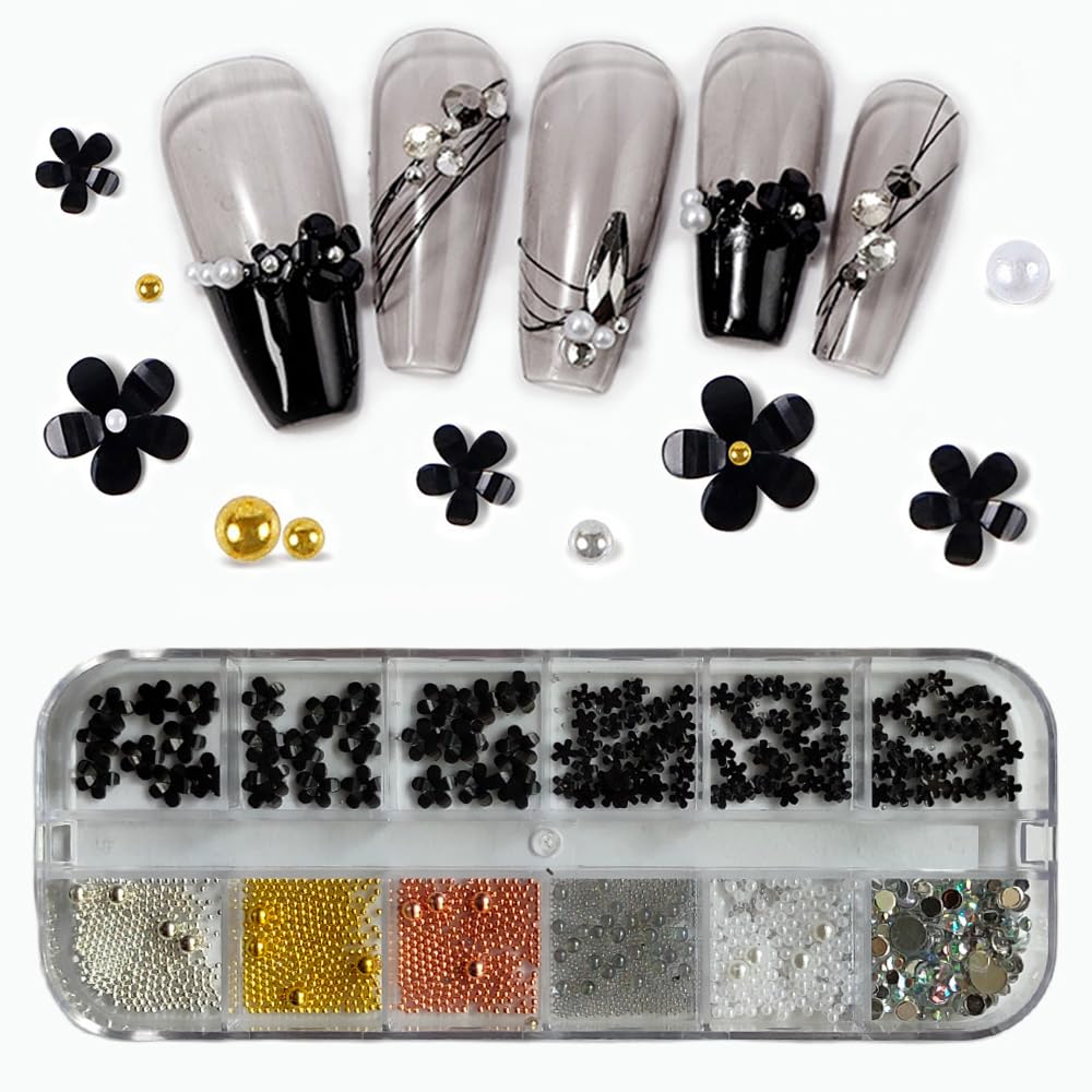 S.A.V.I 3D Five-Petal Flower Metal Beads - Rhinestones  Pearls for DIY Nail Art Manicure