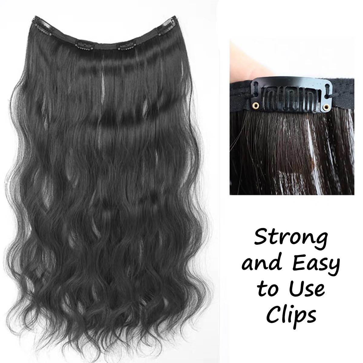 S.A.V.I Natural Black Wavy Clip-In Hair Extension for Women, 60 cm Long & 27 cm Wide, Synthetic Fiber Hairpiece with Strong Snap Clips, Voluminous Curly Long Hair Attachment for Instant Length & Volume