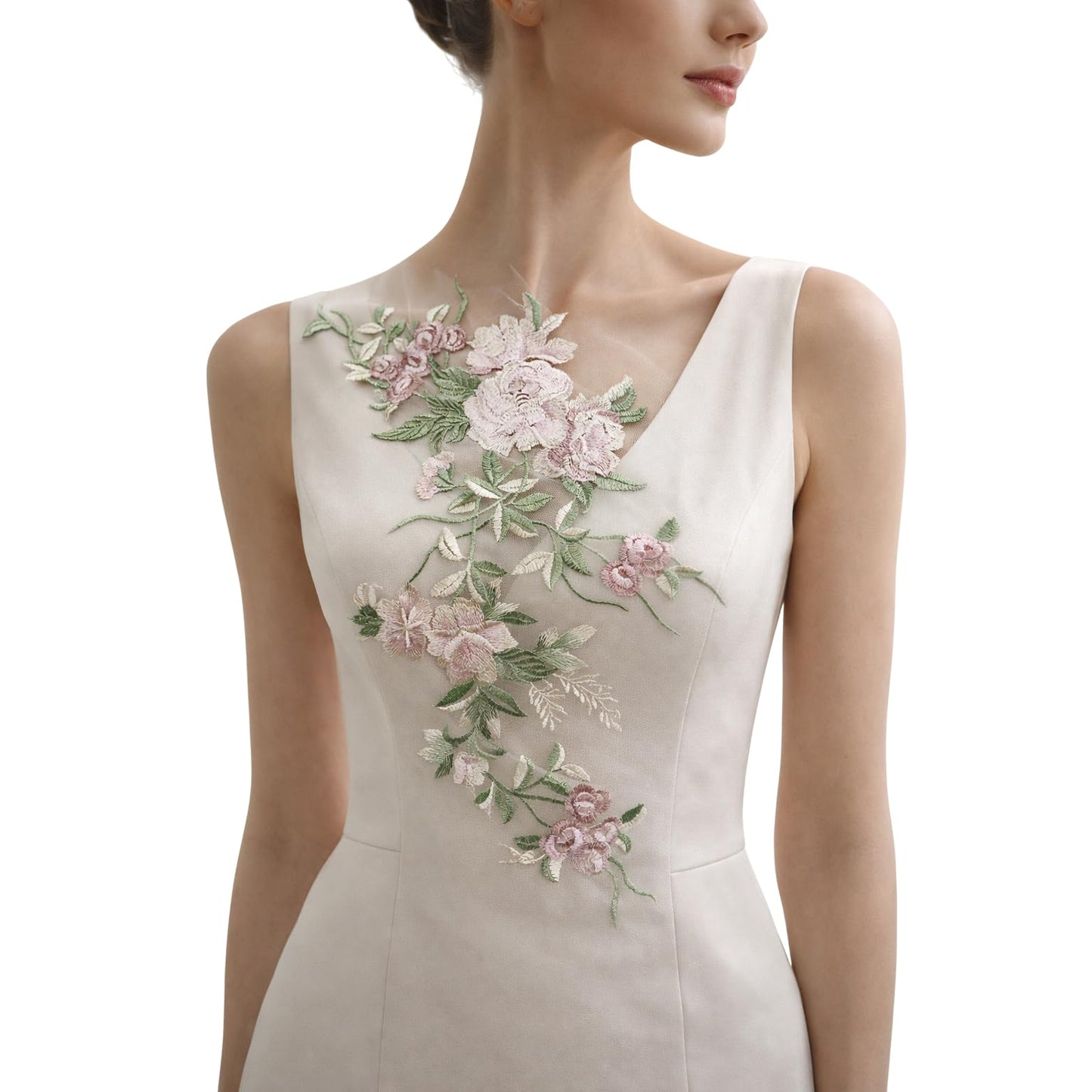 S.A.V.I Soft Blush Pink & Pastel Green Floral Embroidered Sew On Appliqué Patch 21 x 50 cm | Net Thread Work | Vertical Vine Design for Bridal Gowns, Sarees & Evening (Green)