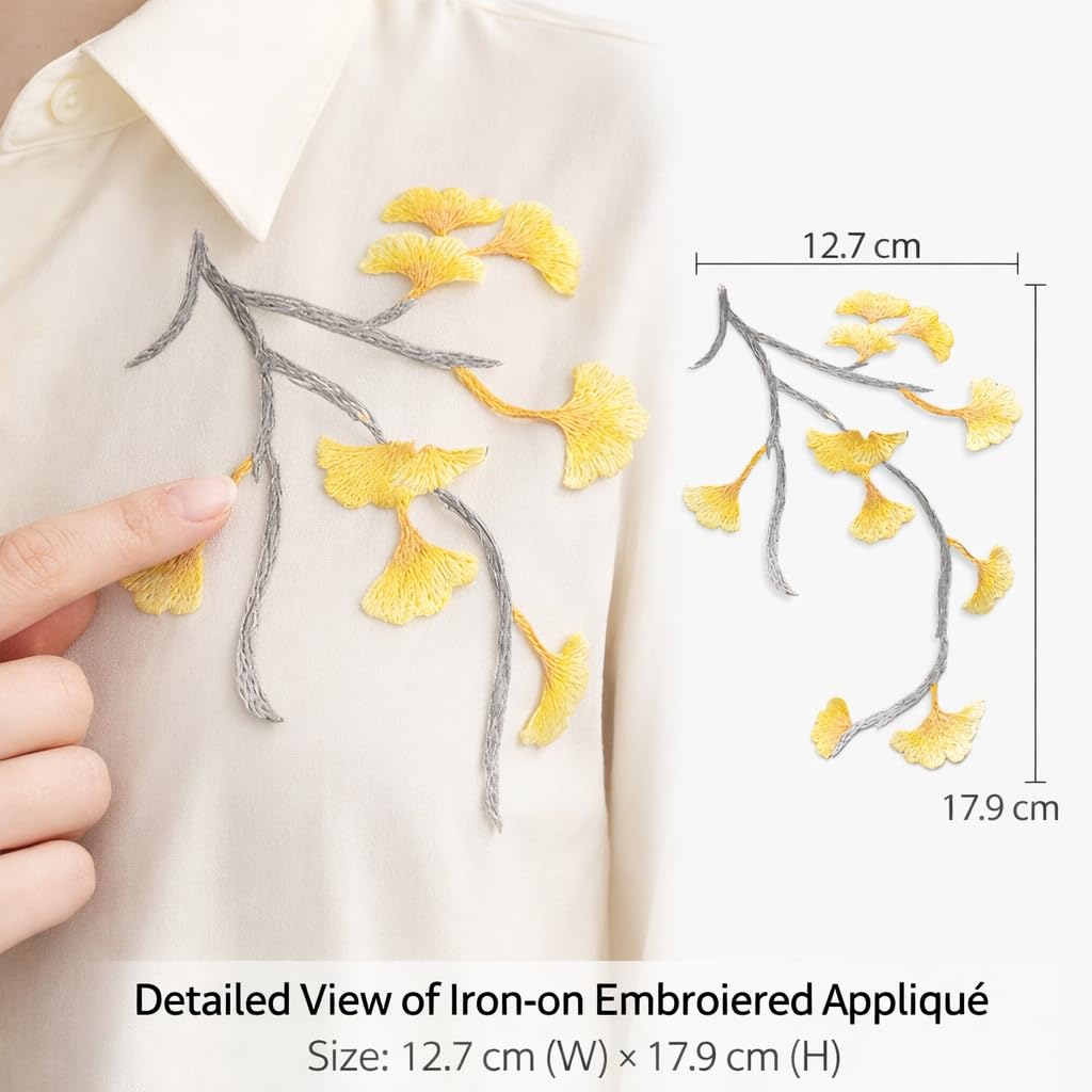 S.A.V.I Iron-On Embroidered Ginkgo Leaf Appliqué Patch Yellow Grey Floral Branch Design Fabric Embroidery 12.7 x 17.9 cm for Dresses Sarees Kurtis DIY Craft (Left)