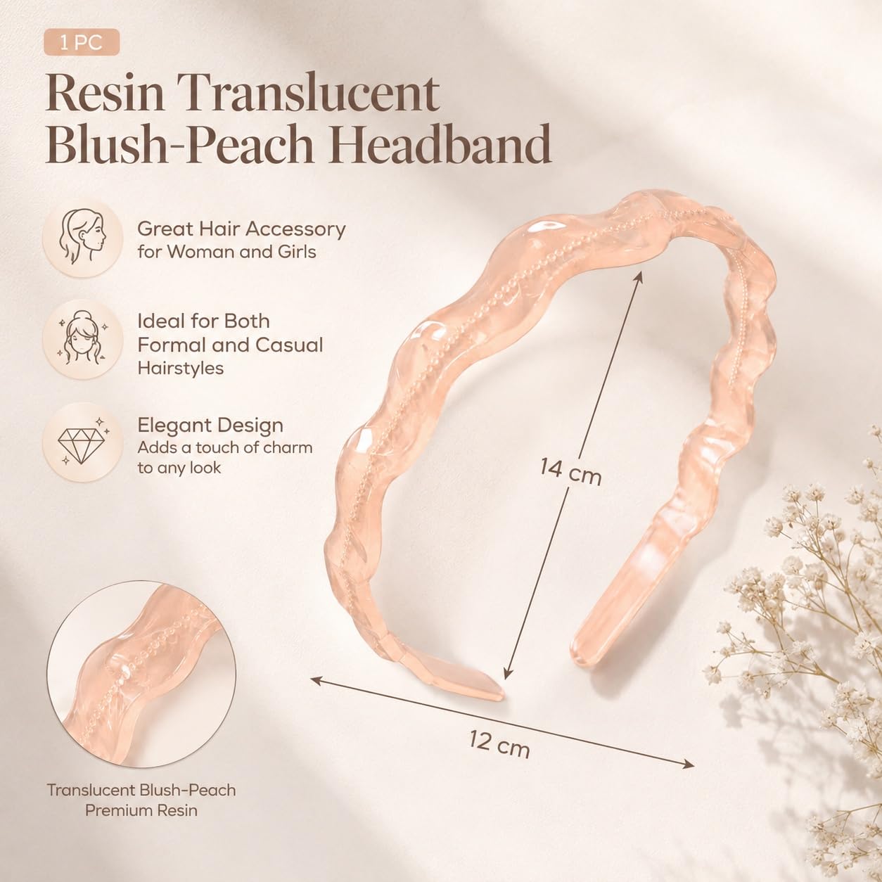 S.A.V.I Resin Wavy Headband for Women & Girls, Blush Peach | Translucent Hair Band, 14 cm, Lightweight, Casual & Formal Styling, Comfortable Fit