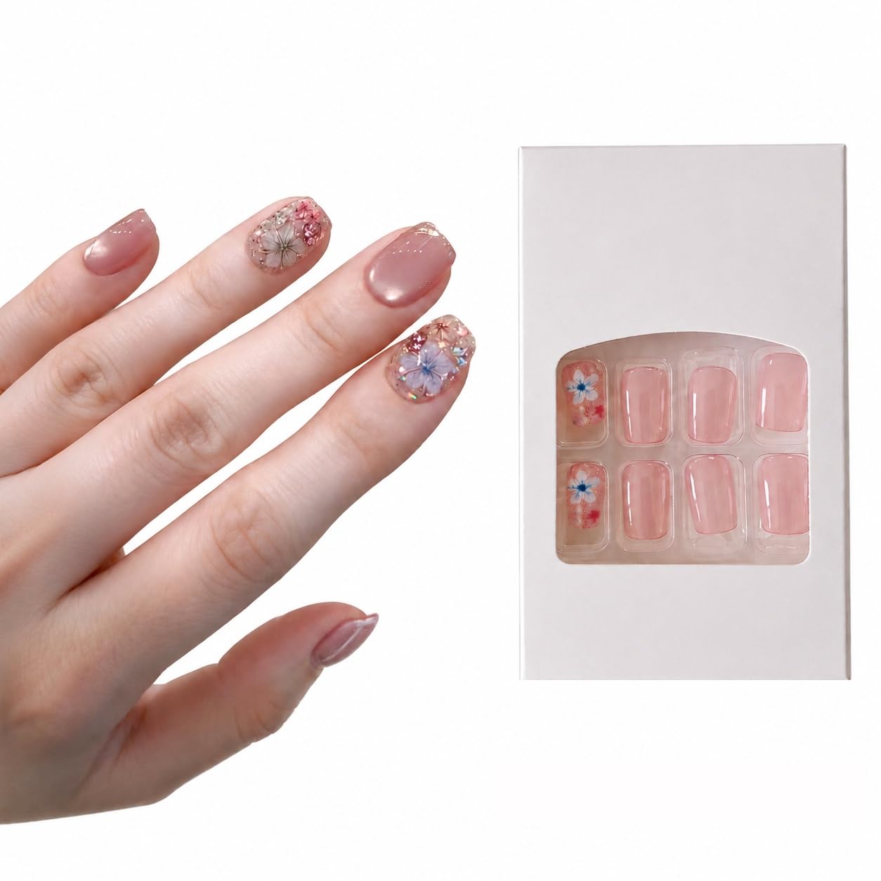S.A.V.I Press on Nails Nude Pink Floral Cat Eye Medium Coffin 30 Pcs | Reusable Gloss Finish False Tips with Glue & Adhesive Tabs, Pink Daisy Design, DIY Manicure for Women