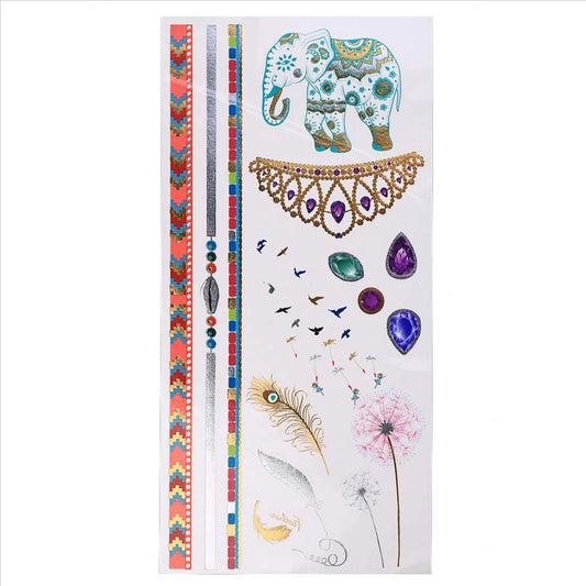 S.A.V.I 3D Temporary Tattoo Golden And Silver Metallic Sticker Elephant Crown Birds Flowers Wrist Arm Design Size 21x10CM - 1PC.