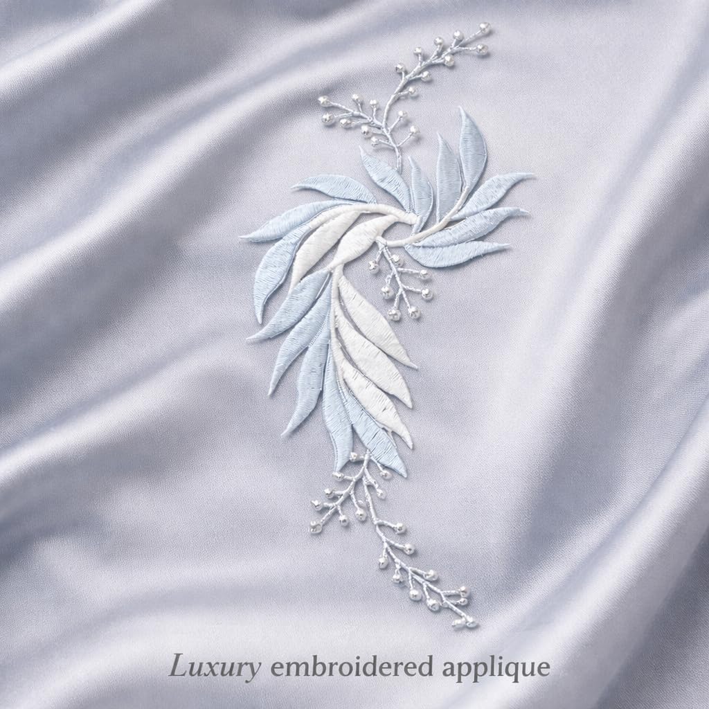 S.A.V.I White Blue & Silver Floral Iron-On Embroidered Appliqué Patch 7.5 x 17 cm | Leaf Motif Threadwork Design for Dresses, Sarees, Blouses & DIY Fabric Craft (Left, White-Blue, 7.5 x 17 cm)