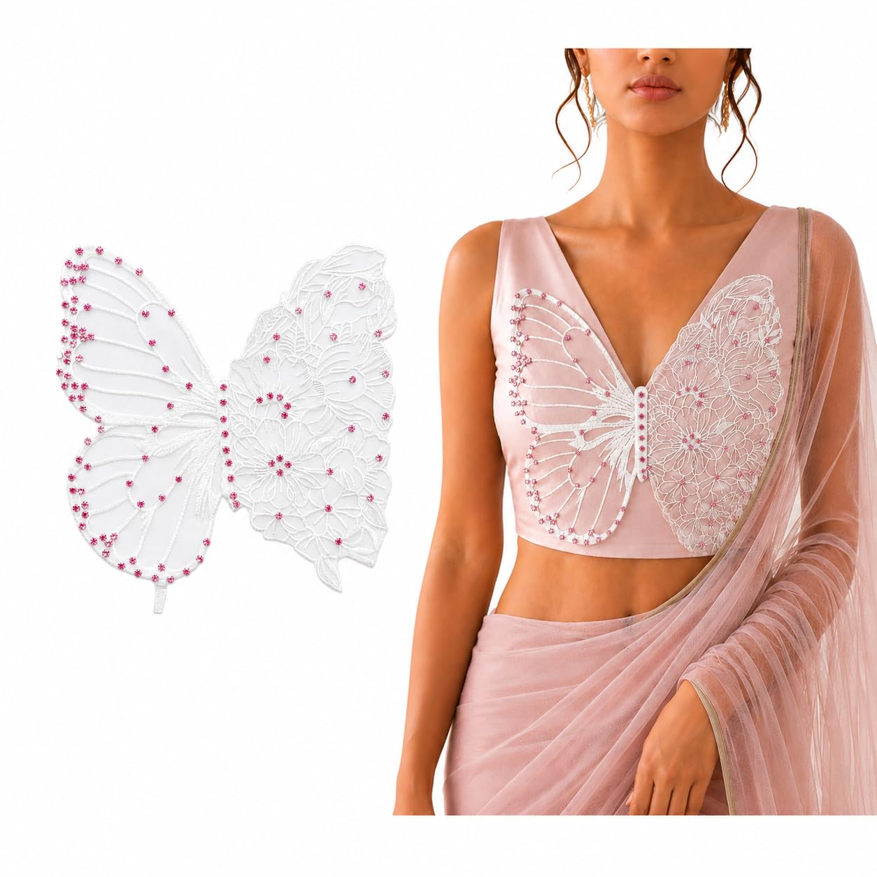 S.A.V.I Butterfly Floral Embroidery Sew-On Rhinestones White Patch 35x32cm|Ultra Thin Floral Lace Design for Kaftan, Dress, Blouse & Tops, Lightweight Decorative Craft Embellishment for Women