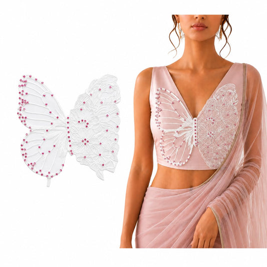 S.A.V.I Butterfly Floral Embroidery Sew-On Rhinestones White Patch 35x32cm|Ultra Thin Floral Lace Design for Kaftan, Dress, Blouse & Tops, Lightweight Decorative Craft Embellishment for Women