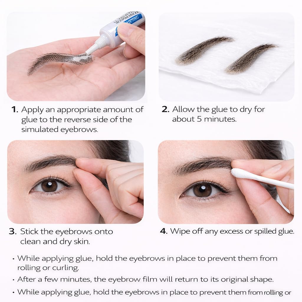 S.A.V.I Sword-Shaped Glue-On Eyebrows for Women, Natural Black, 7 cm Hand-Tied Real Human Hair, Breathable Mesh Base, Reusable Fake Brows with Adhesive for Makeup, Hair Loss and Alopecia