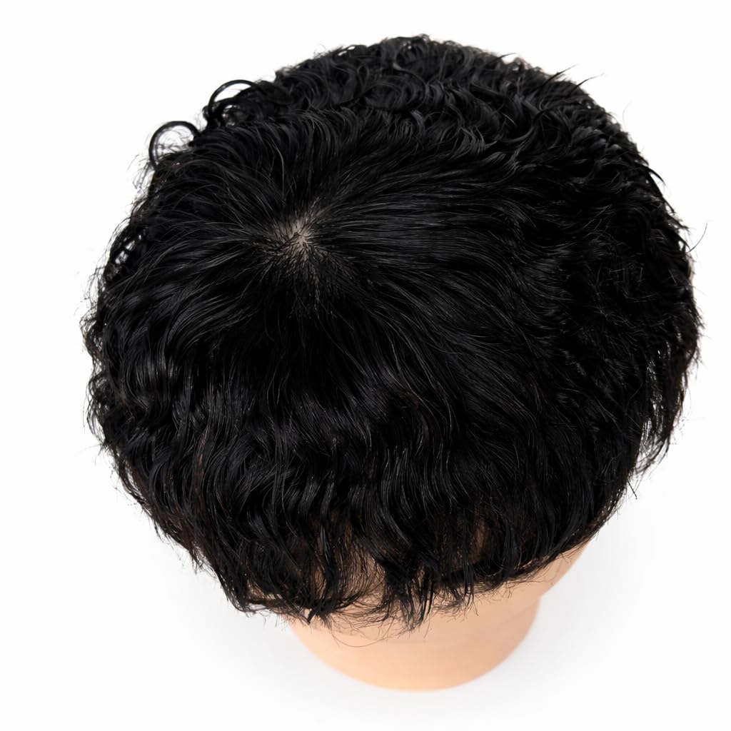 S.A.V.I Black 100% Human Hair Patch for Men – Glossy Wet Look Wavy Texture, Curved Crown Design, Clip-On Topper for Bald Spot Coverage, Breathable Base, Natural Scalp Seamless Fit for Men