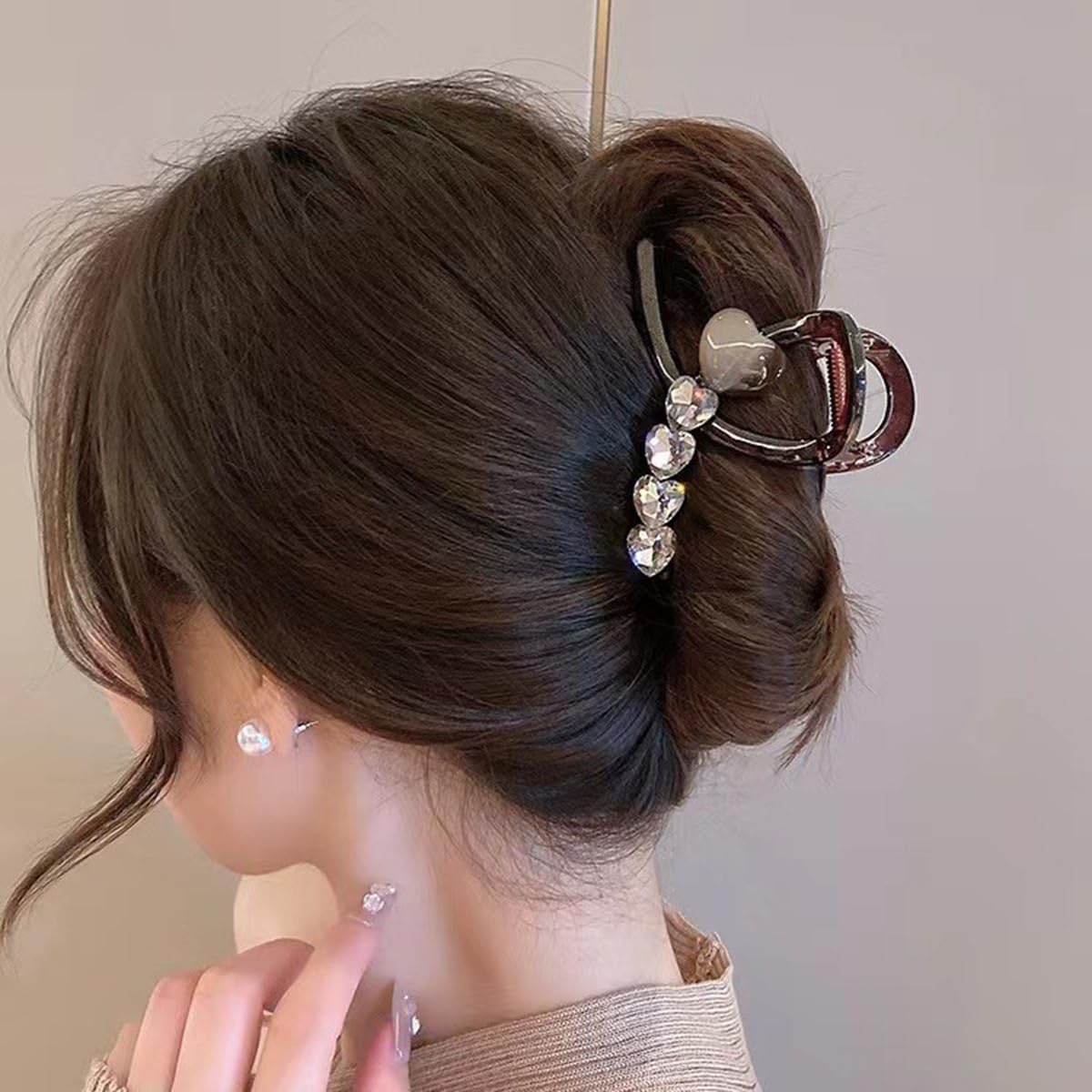 S.A.V.I Women’s Brown Crystal Heart Hair Claw Clip 8cm Premium Acrylic Tortoise Shell U-Shaped Hair Clutcher with Strong Grip for Stylish Daily & Party