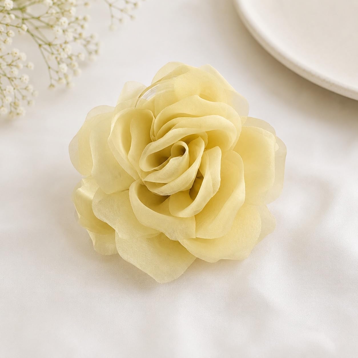 S.A.V.I Rose Flower Hair Clutch Clip for Women Yellow Mesh 10cm | Strong Grip, Lightweight, Soft Fabric, Large Size, 1 Piece