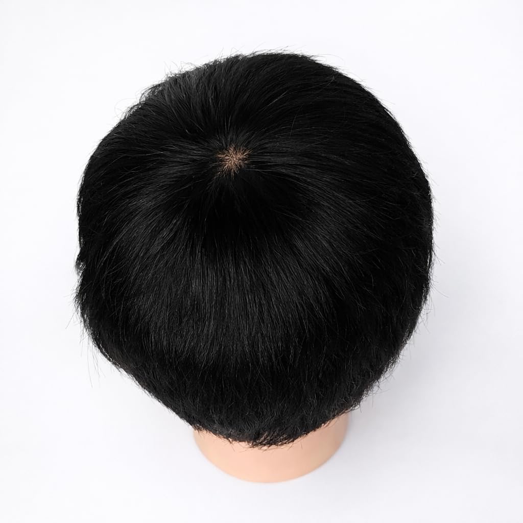 S.A.V.I Men’s Black Short Pixie Cut Wig – 100% Human Hair Straight Boy Cut with Natural Hairline & Realistic Scalp, Breathable Lightweight Cap, Hairpiece for Men