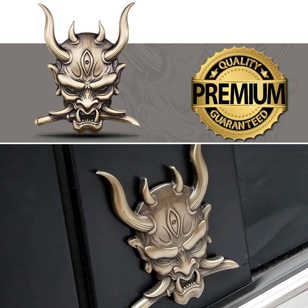 SAVIAURA 3D Samurai Skull Emblem: Japanese Warrior Car Logo Sticker – Metal Exterior Accessory, Bronze Color