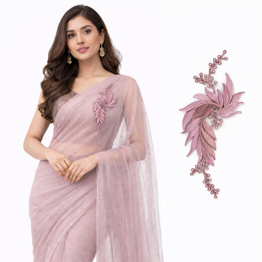 S.A.V.I Pink & Silver Floral Iron-On Embroidered Appliqué Patch 7.5 x 17 cm | Leaf Motif Threadwork Design for Dresses, Sarees, Blouses & DIY Fabric Craft (Left, Pink, 7.5 x 17 cm)