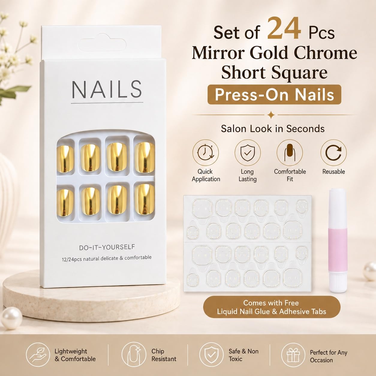S.A.V.I Press on Nails Gold Chrome Short Square 24 Pcs