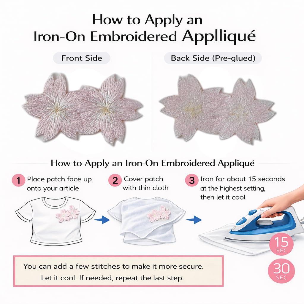 S.A.V.I Baby Pink Floral Embroidered Iron-On Appliqué Patch, Double Cherry Blossom Design, Soft Thread Work for Dresses, Blouses, Lehengas & DIY Crafts, 5.3 x 3.3 cm (Baby Pink)