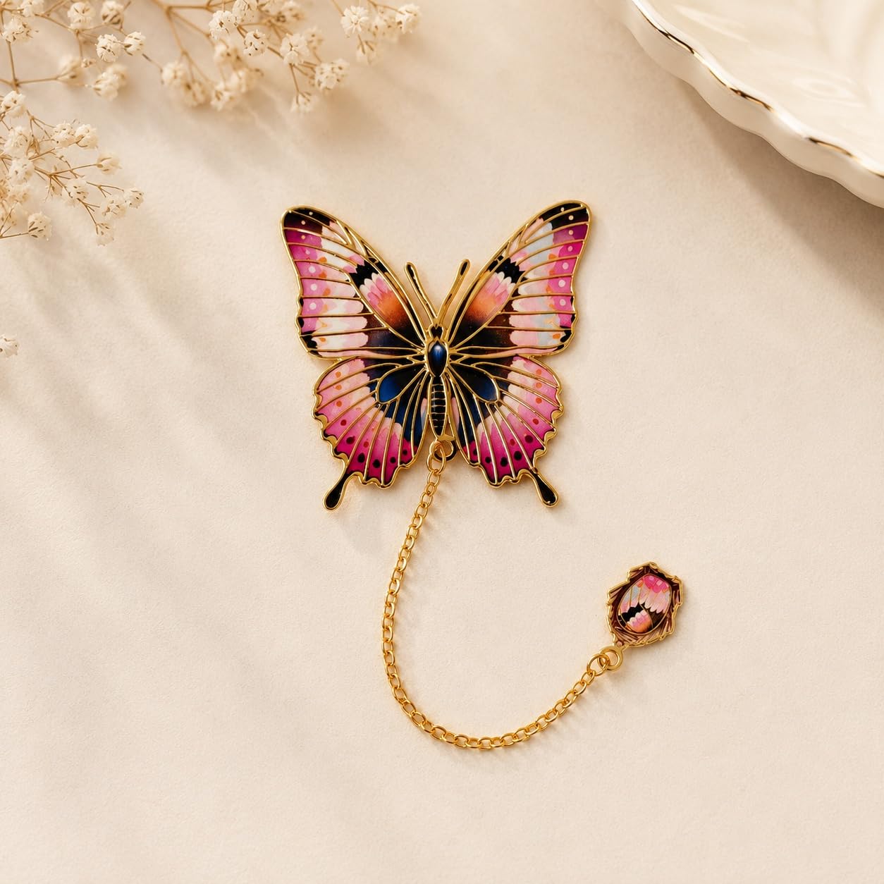S.A.V.I Butterfly Metal Bookmark Pink & Gold Enamel, 5x14 cm | Colorful Enamel Finish, Gold Chain Tassel, Creative Design, For Women & Students, Reading Accessory