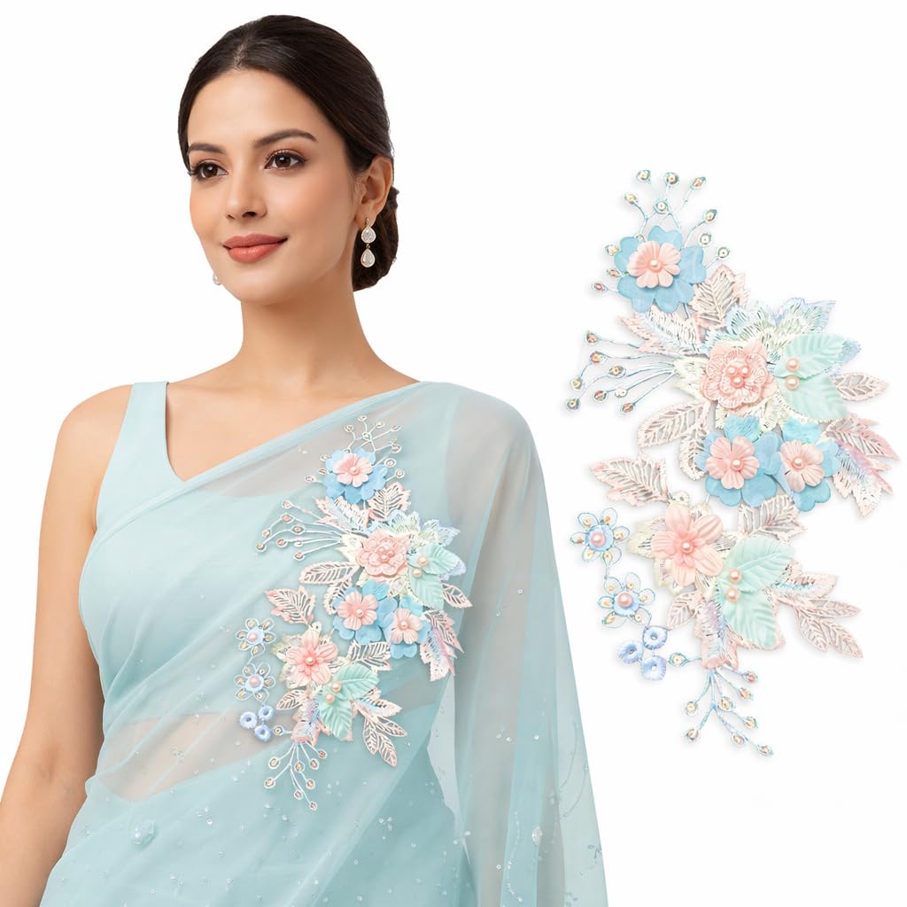 S.A.V.I Pastel Blue & Peach Floral Embroidered Sew-On Appliqué Patch 25 x 16.5 cm with Pearl & Thread Work | Fabric Motif for Saree, Kurti, Gown & Dress Designing
