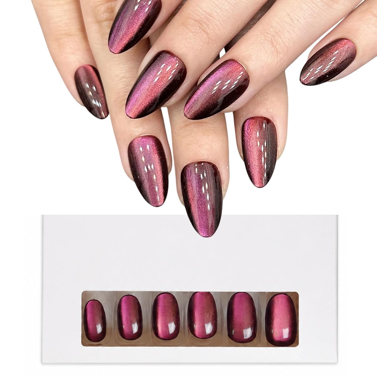 S.A.V.I Cat Eye Press on Nails Wine Burgundy Medium Round 24 Pcs