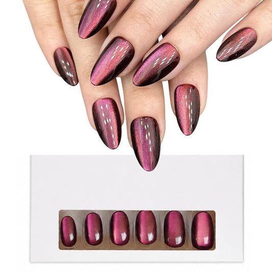 S.A.V.I Cat Eye Press on Nails Wine Burgundy Medium Round 24 Pcs