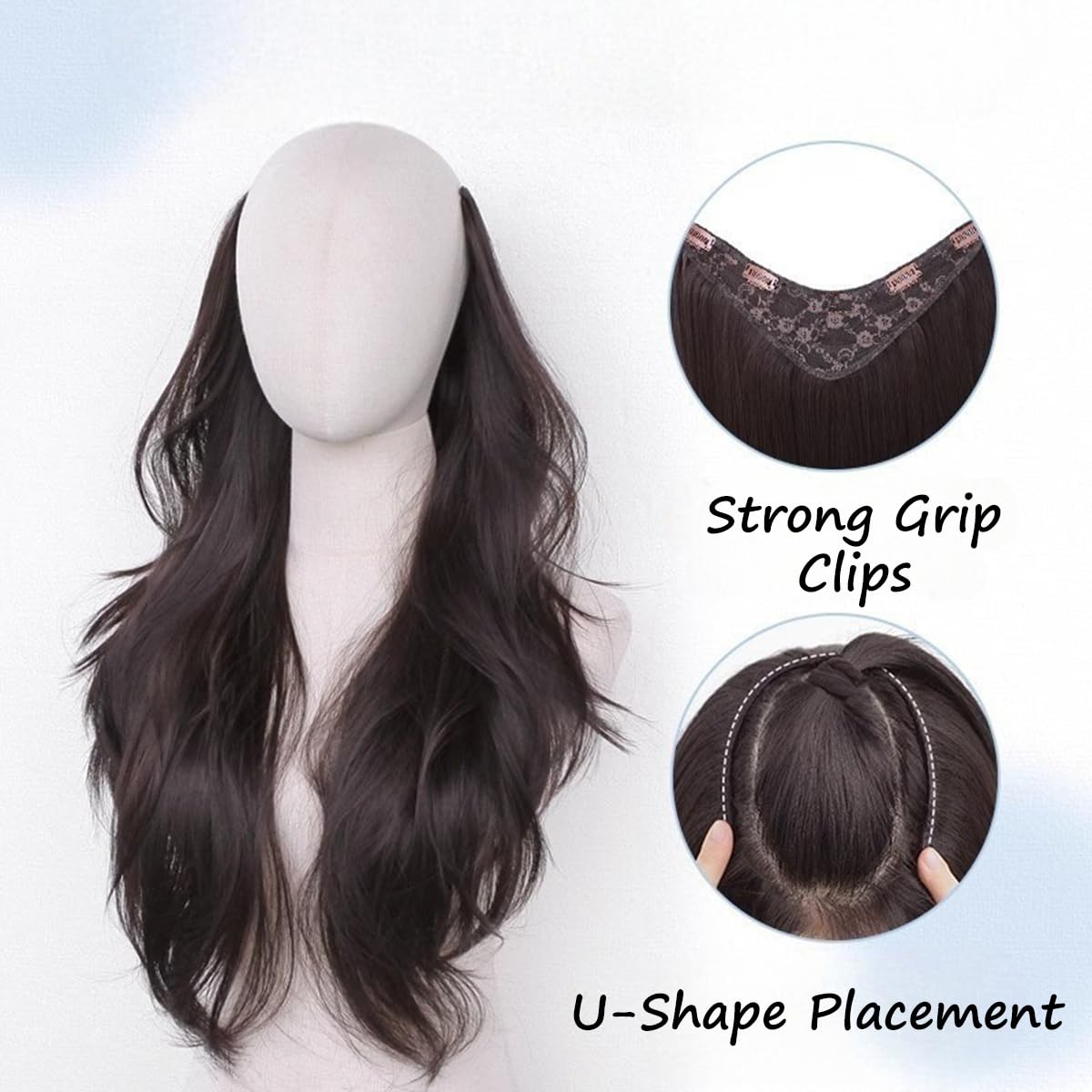 S.A.V.I Natural Black U-Part Hair Extension 60 cm Long, V-Shape Clip-In Crown Topper for Women, Heat-Resistant Synthetic Fiber Hairpiece with Secure Grip Clips, Long Wavy Voluminous Hair