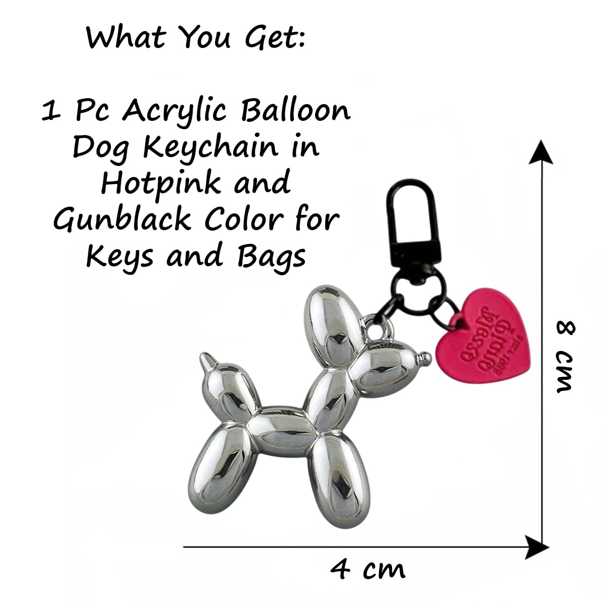 S.A.V.I Balloon Dog Keychain Acrylic Bag Charm Cute Key Ring for Women, Gunblack finish with pink heart charm, 8x4 cm, swivel clasp, lightweight accessory for handbags, backpacks & gifting.