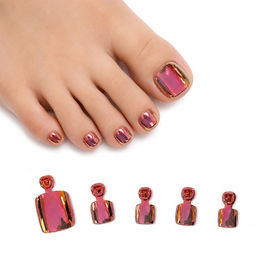 S.A.V.I Press on Toe Nails 24 Pcs Pink Aurora Mirror Finish | Short Natural Shape, Chrome Finish, Reusable with Glue & Adhesive Tabs, Lightweight, Non-Toxic for Women