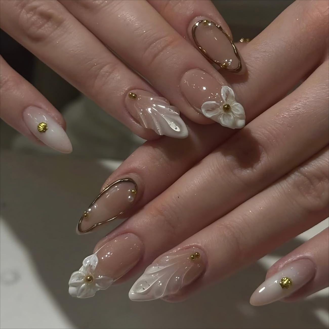 S.A.V.I 24 Pcs Long Almond Shape Press On Nails for Women | Nude & White Gloss Finish | 3D Shell Floral Design | Reusable Artificial False Nails with Glue & Adhesive Tabs