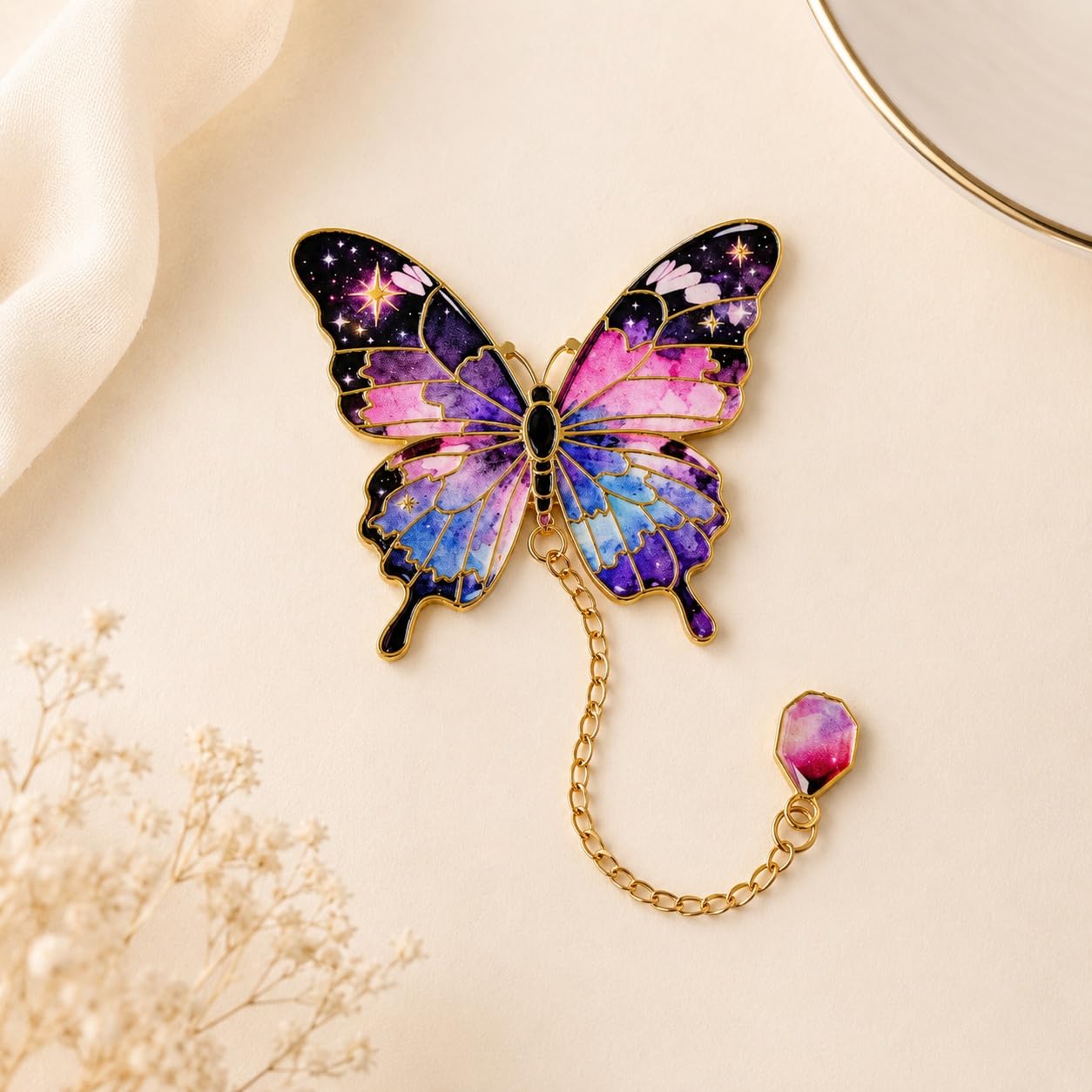S.A.V.I Butterfly Bookmark Purple Pink Enamel with Chain Charm 14 cm | Colorful Enamel Finish, Durable Alloy Metal, Hanging Charm Pendant, 5 cm x 14 cm Size, For Women & Students